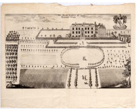 18th Century Engraving of The North Profpect of Bushey Hall. Fair condition, creases on the image, small tears on margins, pa