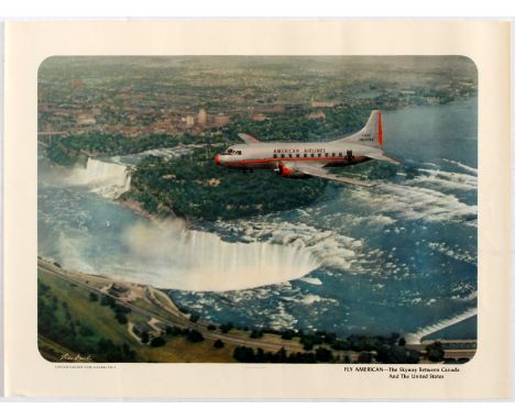 Original vintage travel advertising poster Fly American - The Skyway Between Canada And The United States. Image of Convair f