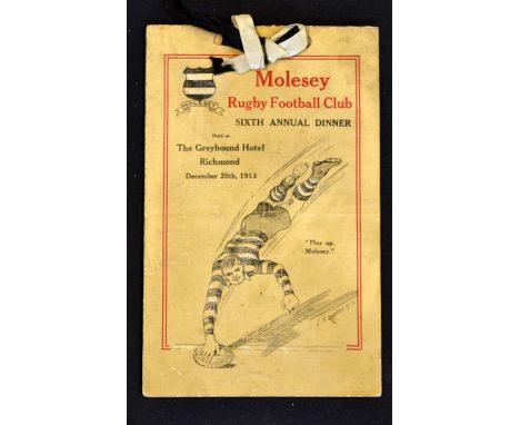 1913 Molesey (not Moseley!) Rugby FC Annual Dinner Menu: Really interesting and well-preserved twin card menu tied with ribbo