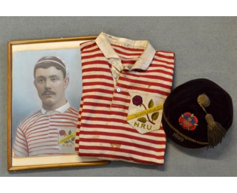 1899 Lancashire County Northern Union Jersey, Honours Cap and portrait: Formerly the property of H Kruger (Rochdale Hornets) 