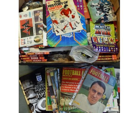 Assorted Box of Football Ephemera includes various programmes, cards, magazines, press packs, coins, figures and more, inspec