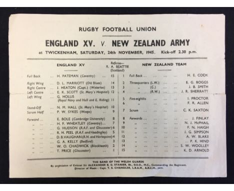 Scarce 1945 England XV v New Zealand Army Rugby programme: Single folded sheet for this Kiwis clash played at Twickenham, wit