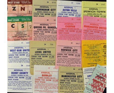 1975/1976 Arsenal home match tickets to include West Ham Utd, QPR, Aston Villa, Everton, Burnley, Leeds Utd, Manchester Utd, 