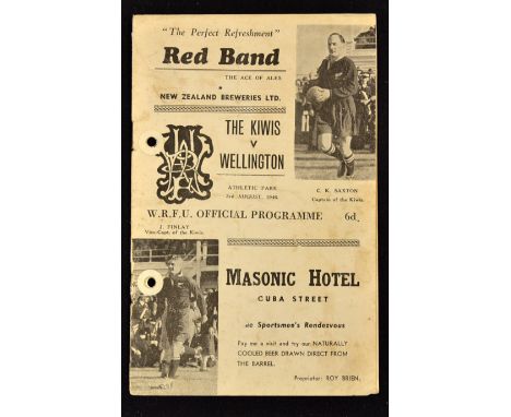 1946 Wellington (NZ) v the Kiwis (NZEF) Rugby Programme: Rare issue for the 18-11 defeat of the famous and much-admired Kiwis