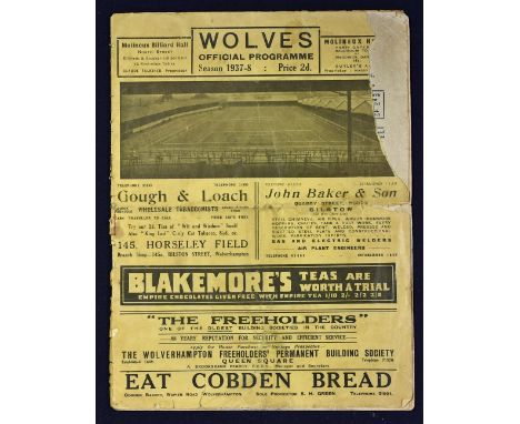 1937/1938 FA Cup match programme Wolverhampton Wanderers v Arsenal 22 January 1938 at Molineux. Has creases, tears, is comple