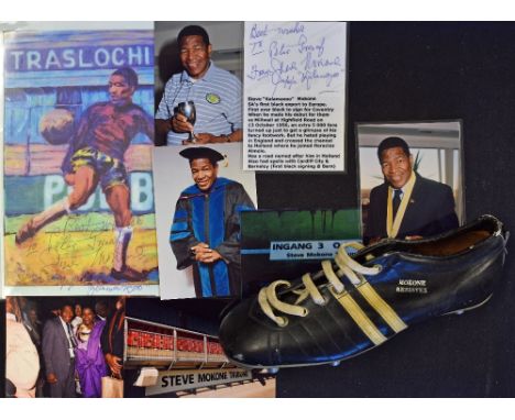 Stephen Mokone Signed Print together with a 'Mokone Resistex' Left Football Boot and a selection of Photocards with 1x Signed