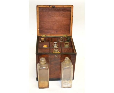 Apothecary Chest mahogany box with top lid, eleven sections containing nine clear glass bottles one labelled ''Absolute Alcoh