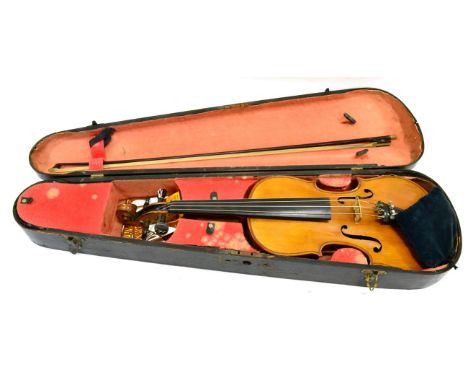 Stradivarius Copy Violin with two piece back 14'' in length, probably German, ebony fingerboard and tailpiece, with bow in co