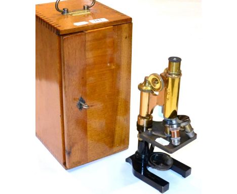 E Leitz Wetzlar Brass Microscope no.137291, with rack and pinion/thumb wheel focussing, three lens turret, condensor, plano-c