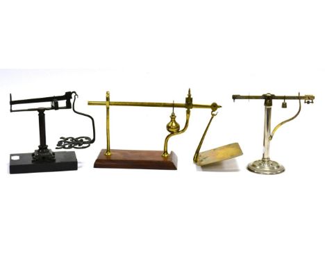 Sliding Weight Scales  (i) Postal scales, brass to 16oz (ii) A cast example with ornate pan (iii) Twin sided 25oz rough and 1