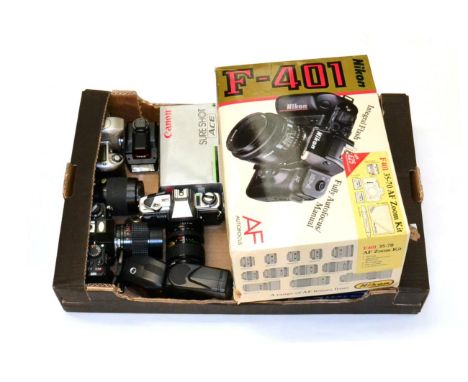 Nikon F401 Camera with Nikkor f3.3-4.5 35-70mm lens (in original box) together with Minolta X300, Nikon F301 (with lenses) Ni