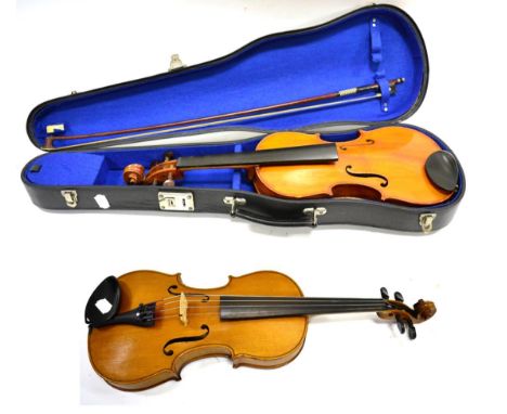 P Beuscher Violin 14.25'' two piece back with ebony fingerboard and rosewood pegs with label '... beaumarchais pres de la Bas