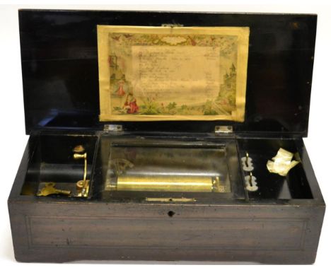 Swiss Cylinder Music Box playing 8 aires stamped '14038', lever wing with single piece comb, tune sheet, tune indicator, Stop