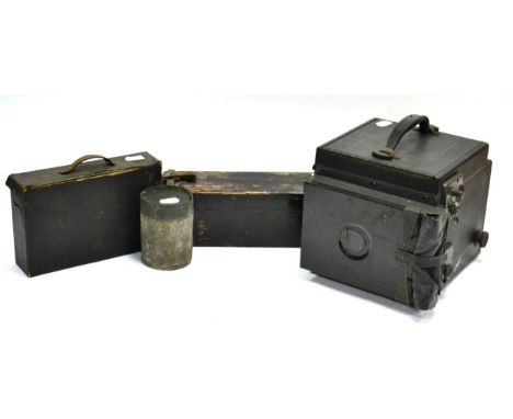 Graflex Series B Camera with Kodak Eastman lens; a Ross Rapid Symmetrical brass lens and a box of Magic Lantern slides