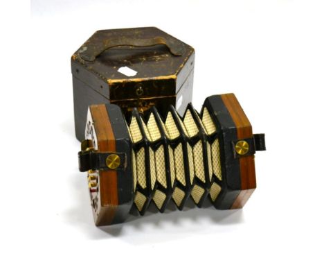 Wheatstone English System Concertina 48 button, with makers label, in hexagonal case Some damage to belllows