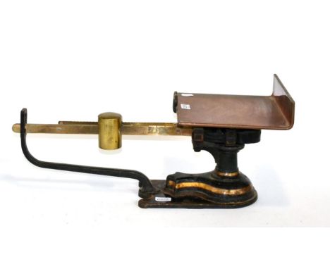 Sliding Weight Parcel Scales with copper flat pan, twin brass beams (0-10lb and 0-16oz) on cast iron base, finished in black 