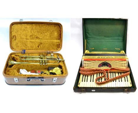 Soprani Three Accordion 120 bass buttons and 41 key keyboard, cased: together with F. Besson Trumpet (France) No.103440, beli