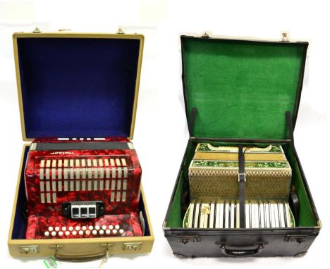 Meteor Button Accordion with eight bass buttons and 23 treble buttons (in good working order) Made in GDR in fitted case; tog
