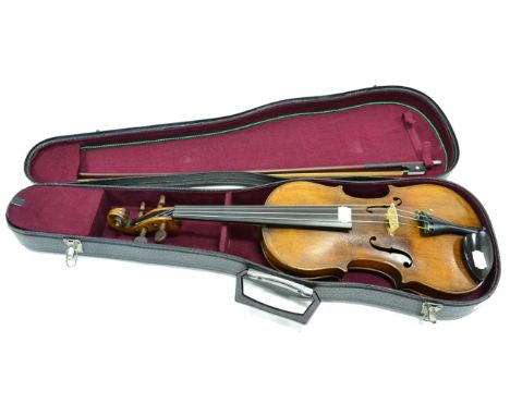 Nicolaus Amatus Copy Violin 14.4'' two piece back, ebony fingerboard, rosewood pegs, with bow (cased)Appears to have had new 