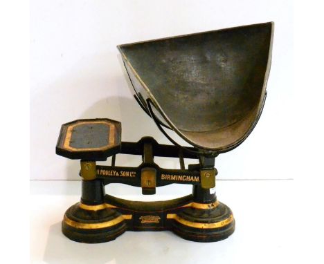 H Pooley & Sons (Birmingham) Potato Scales with twin beam with large scuttle for goods, finished in black with gold/red trim 