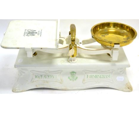 W & T Avery Ltd Ceramic Balance white with makers name and  Royal crest to sides and flat ceramic plate; brass circular pan 7