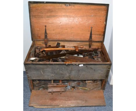 Woodworking Tools a collection including planes, moulding planes, tenon saw, set squares, mallet and others in three chests (