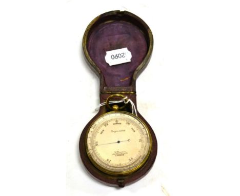 S Peace (London) Pocket Barometer/Altimeter with brass casing and rotating altitude scale 0-5000ft, in leather case