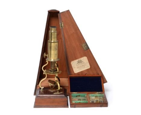 G Dollond (London) Culpeper Type Brass Microscope with rack and pinion focussing, circular stage engraved with makers name an