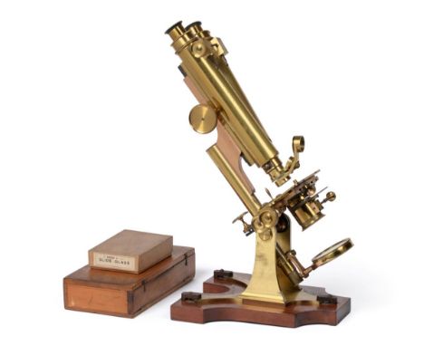 R & J Beck (London) Binocular Microscope brass with two lens turret, adjustable stage, condenser, rotating disc selectable ap
