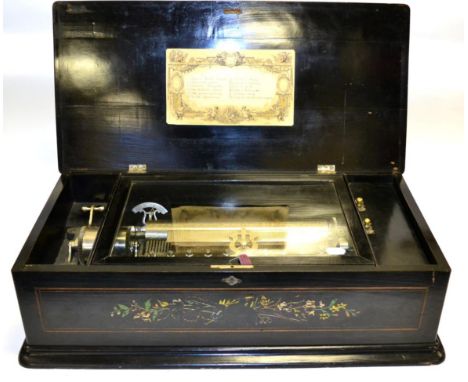 Swiss Cylinder Music Box 13'' cylinder playing 12 aires with lever wind, silvered finish with tune indicator needle and dampe