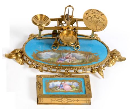 Domestic Postal Scales with engraved oval tray and concentric circular tray for weights, on oval base with Severs Style paint