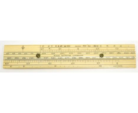 Ivory Slide Rule marked 'Dicas Patentee Liverpool' with scales Proof & Alcohol on one side and Water & Proof the other