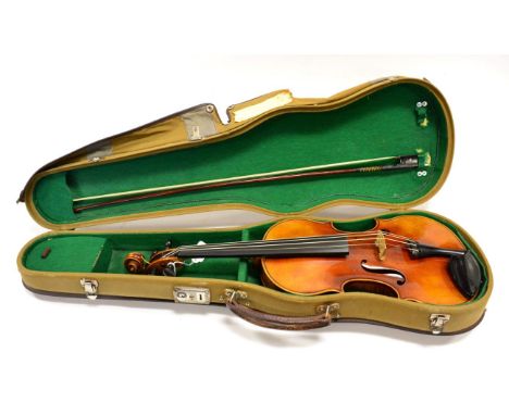 Violin one piece back 14'' back, with Paulo Fiorini label, ebony fingerboard and tailpiece, with bow in fitted case