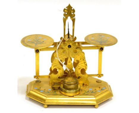 Domestic Postal Scales with engraved oval trays with enamel and ormolu decoration, on hexagonal base with similar decorations