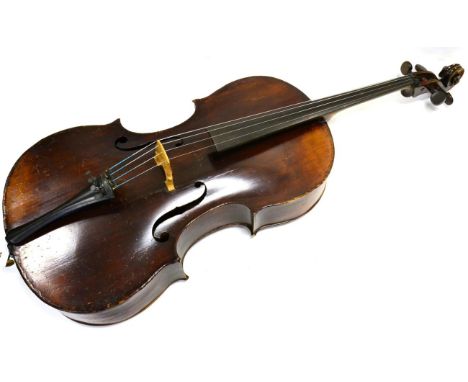 Cello two piece back 29.5'', painted on purfling,  ebony fingerboard, with violin box, in soft caseDamage to belly and back,