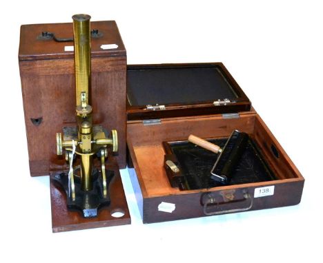 Brass Microscope with screw on barrel, rotating aperture disc, concave mirror, rack and pinion and thumb wheel focussing, in 