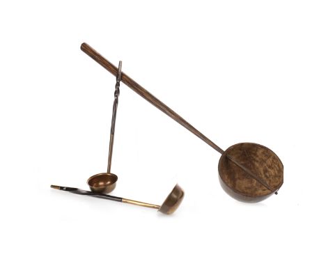 TWO EARLY 19TH CENTURY TODDY LADLESeach with copper bowl and turned whale bone handle, marked IB to bowl, 20cm long; along wi