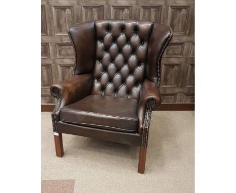 PAIR OF WING BACK ARM CHAIRS of QUEEN ANNE DESIGN upholstered button back, arm rests and seat, with detachable cushion, in gr