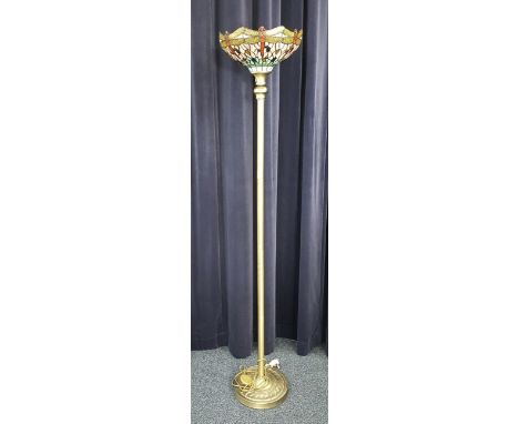 TIFFANY STYLE FLOOR LAMP UPLIGHTERthe leaded glass shade decorated with dragonflies, on a reeded brass pillar, 173 cm high 