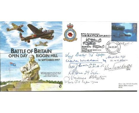 Nine Battle of Britain pilots signed 1997 Biggin Hill Open Day Cover JSCC36. Signed by Tony Bartley DFC 92 sqn, Tony Russell 