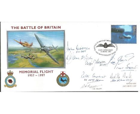 Eight Battle of Britain pilots signed 1997 BOB Memorial Flight cover. Signed by Neville Duke, Peter Ayerst, Tony Russell 43 s