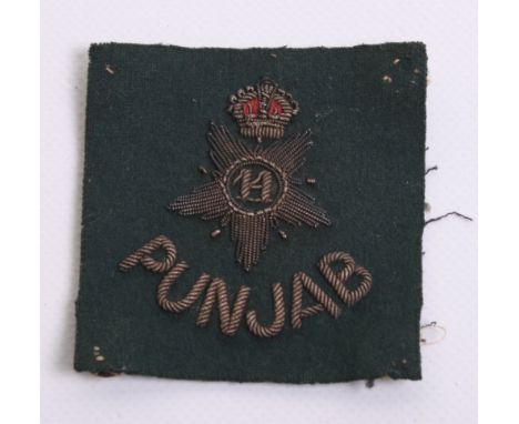 Indian Army Officers 14th Punjab Regiment Pagri Flash, bullion wire on green cloth square. Reverse has four press stud fittin