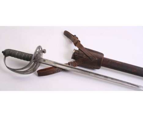 Edward VII 1854 Pattern Scots Guards Officers Sword complete with the original brown leather field service scabbard. Grip of 