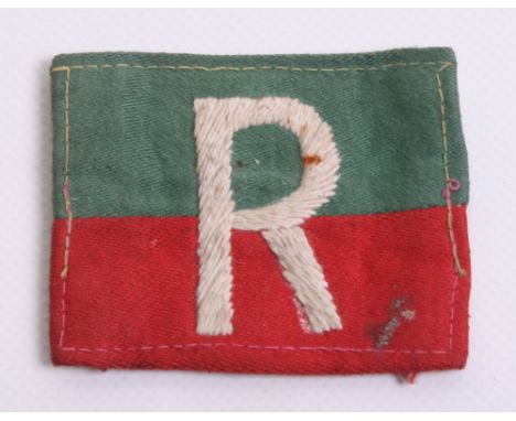 Director of Interior Railways India Cloth Formation Sign, large white embroidered R on divided green and red rectangle. Evide