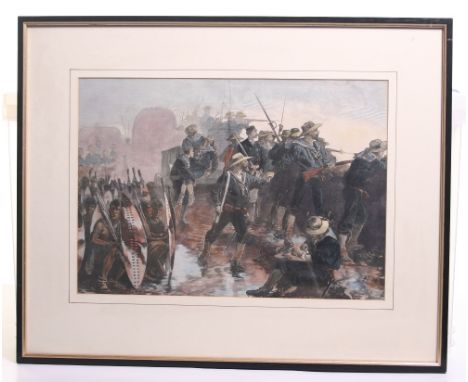 Zulu Wars 1879 Coloured Print, showing the Naval Brigade in Laager at Gingindhlovu under attack by the Zulus. Published by th