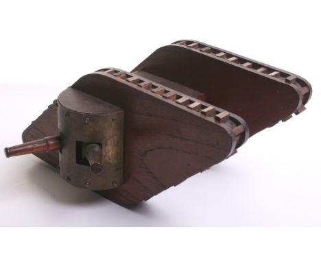 Great War Trench Art Model MK II Tank Money Box made from wood with the side gun sections having a sheet brass covering. The 