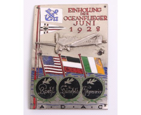 1928 German ADAC Naval Aviation Prize Plaque, being rectangular chromed brass with enamel decoration. Dresden makers mark on 