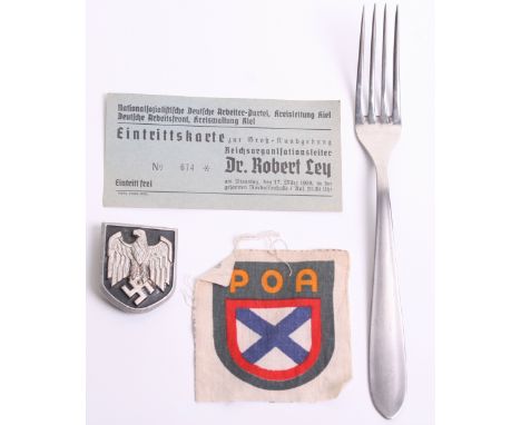 Small Grouping of Third Reich Items consisting of Afrika Korps metal helmet decal (two of the three prongs on the reverse pre