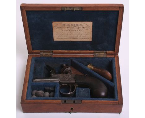 Cased Flintlock Boxlock Pocket Pistol, 5.75", frame engraved Twigg within oval upon a martial trophy, other side is the same 