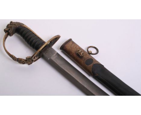 Well-Made Copy of 1803 Pattern Infantry Officer's Sword, Blade 32", regulation brass hilt and brass mounted leather scabbard.